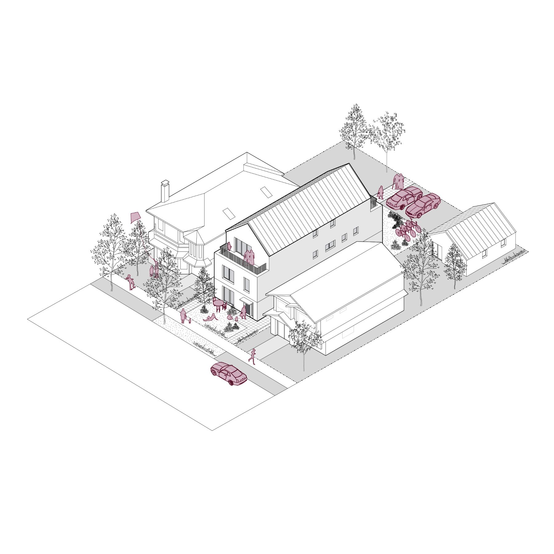 Axonometric rendering of a fourplex micro community home