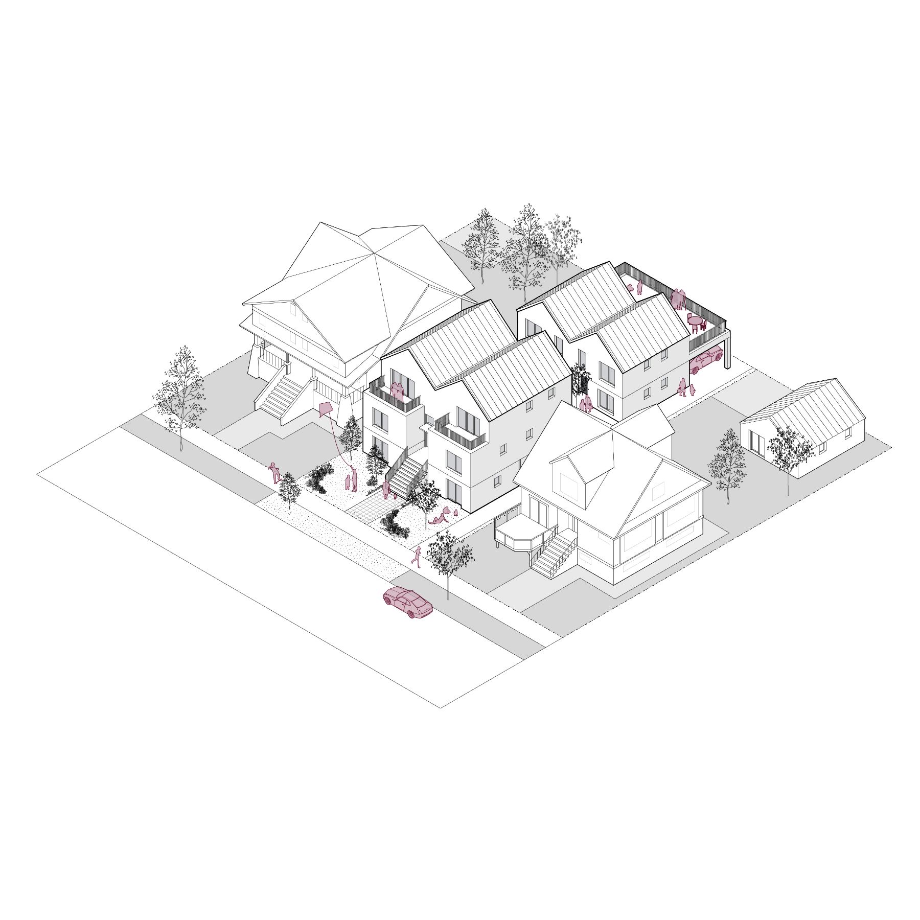3D line rendering showing the six-unit layout across two connected buildings