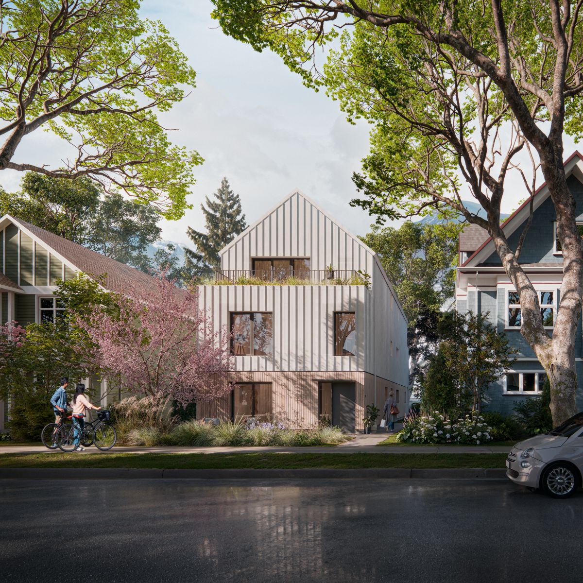 Rendering of Fourplex 01 — a gabled home with vertical siding, large windows, and a second-floor terrace, fitting neatly between neighbourhood houses