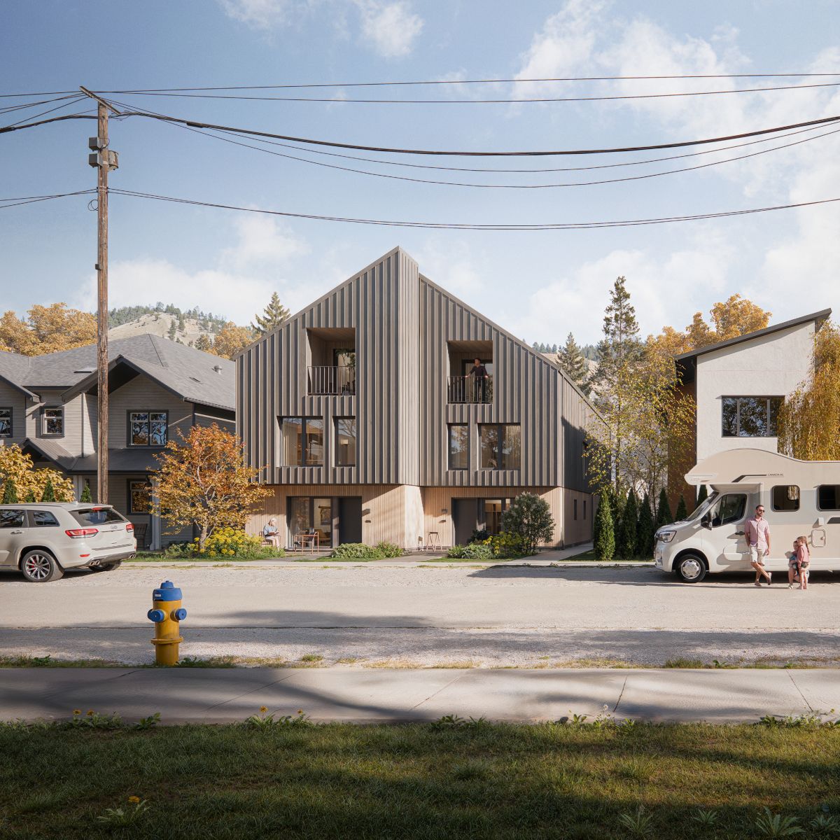 Rendering of Fourplex 02 — a three-storey building with wood and metal finishes
