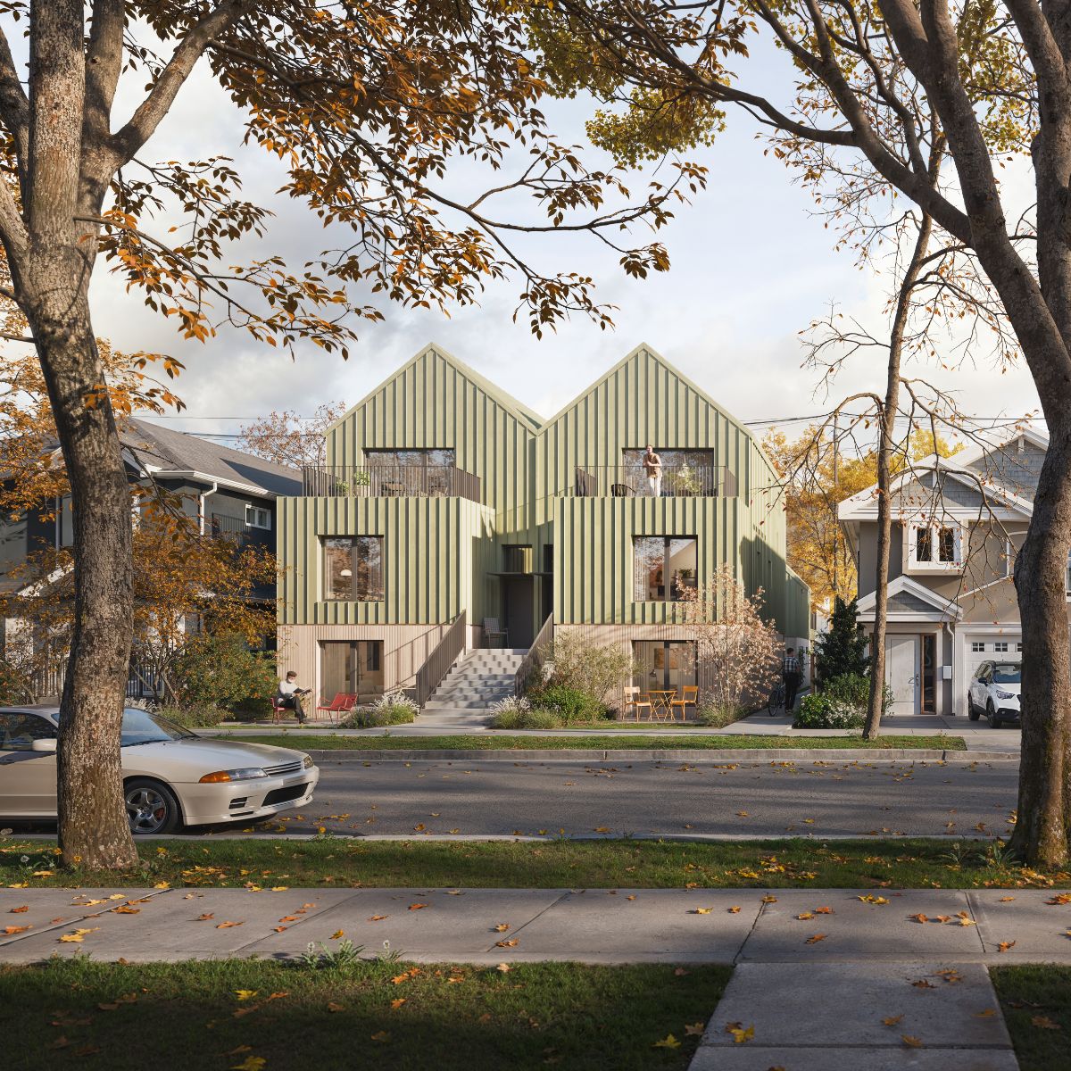 Rendering of the CMHC Courtyard Sixplex — a gabled six-unit home with green cladding and central courtyard entrance