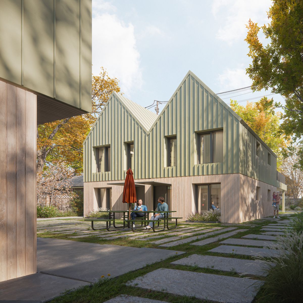 Ground-level rendering of a courtyard home with shared walkways connecting the units
